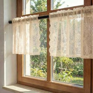Horaldaily Beige Lace Valance Curtains for Living Room Bedroom, Boho Farmhouse Floral Sheer Curtains, Rod Pocket, Light Filtering, Vintage Sheer Drapes, 55" W x 14" L, 2 Panels