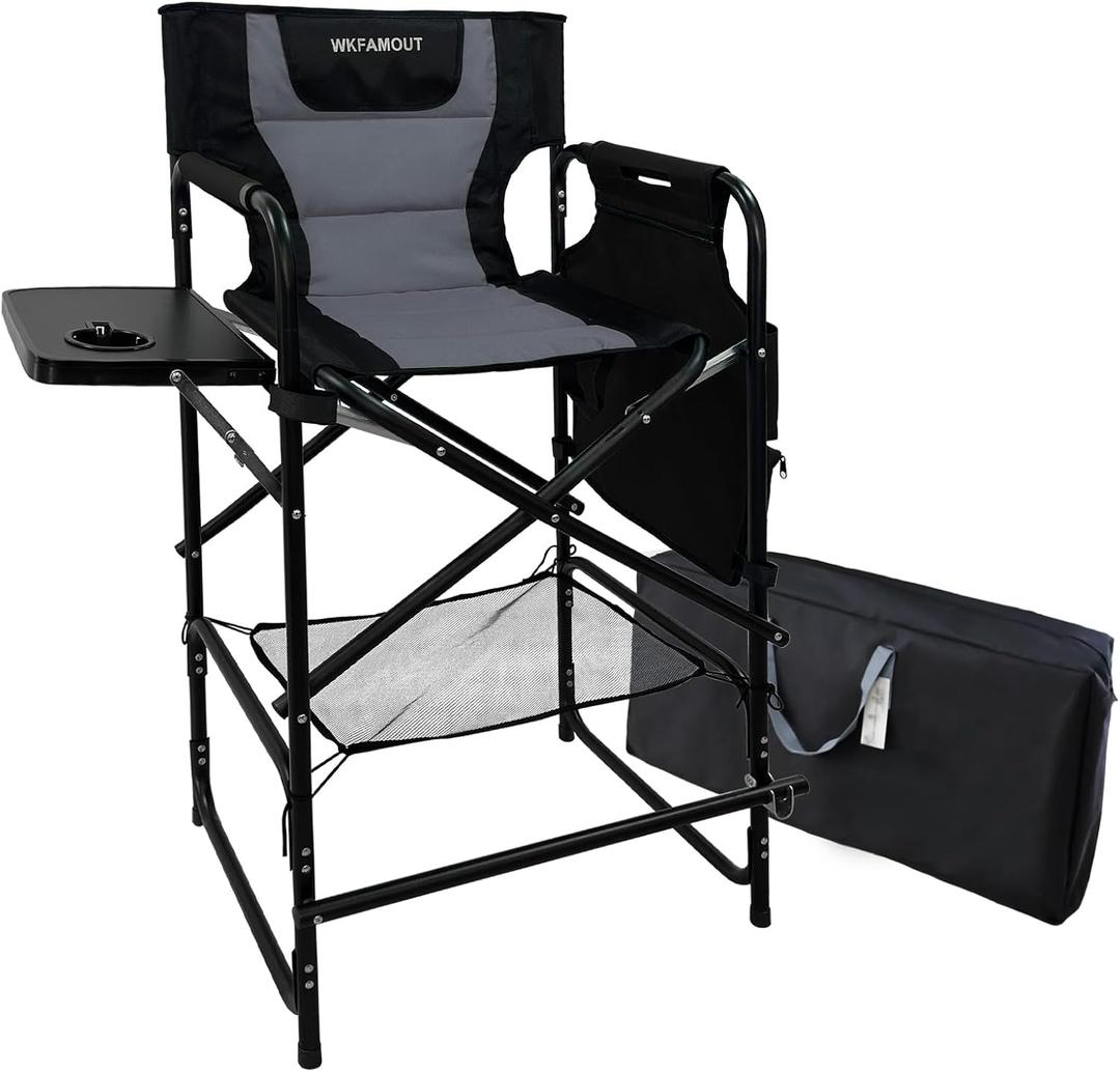 Tall Folding Directors Chair with Side Table 30.71" Seat Height Foldable Camping Chair Bar Stool for Makeup Artist Face Painting with Footrest and Storage Pocket Supports 350LBS (Black)