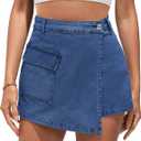 luvamia Denim Skorts for Woman Cargo Faux Wrap Jean Skort Skirts Stretchy High Waisted Skirt Shorts Country Concert Wear (Small, Brilliant Blue)