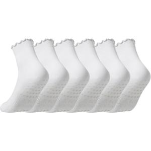 CoolMate Pilates Socks with Grips for Women, Yoga Socks, Crew Non Slip Women for Barre, Pilates Gifts (6-10, A-06c. 3 Pairs Ruffle White)