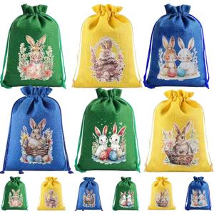 12 Pcs Easter Bunny Gift Bag with Drawstring, Easter Bags Burlap, Party Favor Birthday Decoration Reusable Rabbit Linen Goody Gift Bags with Double Jute Drawstrings, Treat Goodie Bag for Some Bunny Is One Easter Baby Shower Candy Garden Tea Party, 5x7 inch