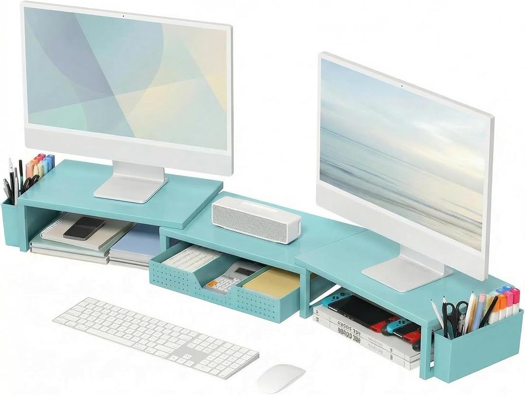 OPNICE Desk Organizers and Accessories, Dual Monitor Stand Riser with Drawer and 2 Pen Holders, Desk Shelf Metal Computer Monitor Stand for Office Workspace Organizers, Desktop Organization (Blue)