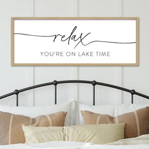 YWMZYKJGS Relax You're On Lake Time Wall Decor Art 32"x12" Lake House Sign Above Bed Bedroom Large Rustic Living Room Wood Framed Vintage Horizontal Wall Hanging (Wood)