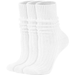 AugRing Women's Neon Scrunch Crew Socks 80s 90s Retro 3-Pack Cotton Stacked Boot Calf Cozy Ribbed Slouchy Socks Size 5-11 (3 Paris White)