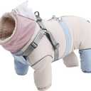 Dog Snowsuit with Built-in Harness, 4-Leg Full Body Winter Coat, Fleece Lined Puffer Jumpsuit with Back Zipper & Reflective Trim for Small Medium Large Dogs (Pink, Small)