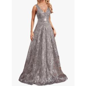 Women's Sleeveless Deep V-Neck Sequins Evening Dresses Long Wedding Party Prom Cocktail Dress Maxi Gown, Small