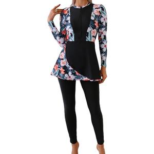 OBEEII Womens Muslim Swimsuits Rash Guard Full Coverage Long Sleeve Floral Print Swimwear Burkini Summer Islamic Beachwear (L)
