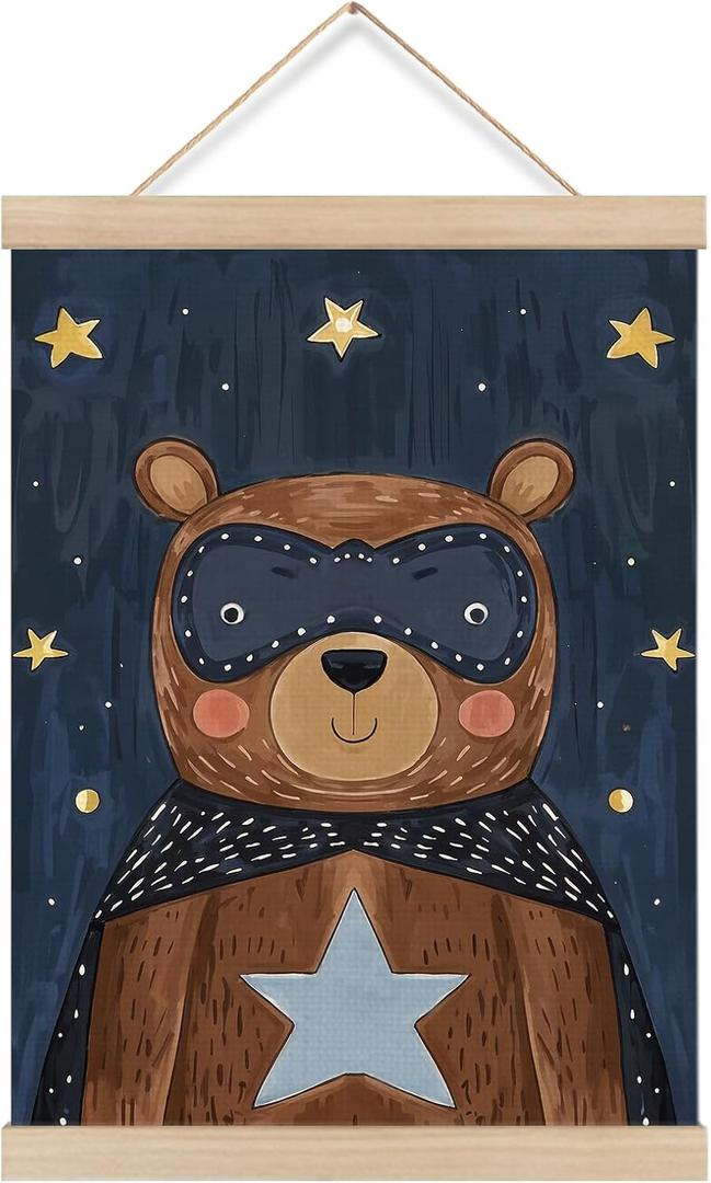 KRHFG Whimsical Brown Bear Nursery Wall Art Poster Framed, Bears Lover Gifts for Kids, Navy Blue Mystical Star Bear Hero Hanging Canvas Prints Wall Decor for Kids Room Nursery Playroom, 12x16 Inch
