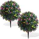 Yunlly Set of 2 Artificial Boxwood Topiary Ball Tree Fake Bushes Shrubs Outdoor Faux Plant with Ground Spike Flowers UV Resistance Greenery for Front Porch Garden Patio Indoor(Multicolor,27x18inch)