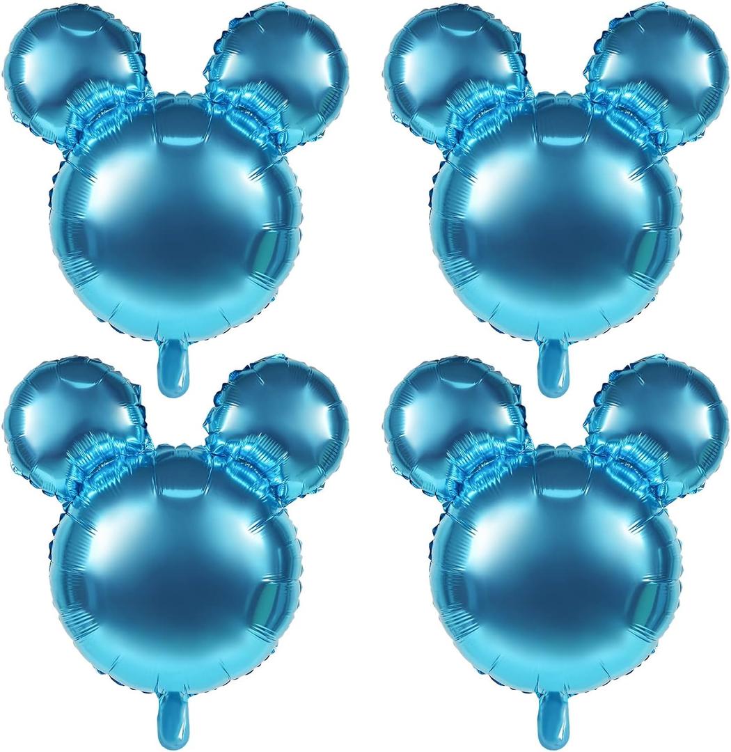 4 Pcs Mouse Head Foil Balloons, 24'' Mouse Mylar Balloon for Birthday Party Decorations Jumbo Mouse Head Aluminum Foil Balloons Party Favors Supplies (Light Blue)