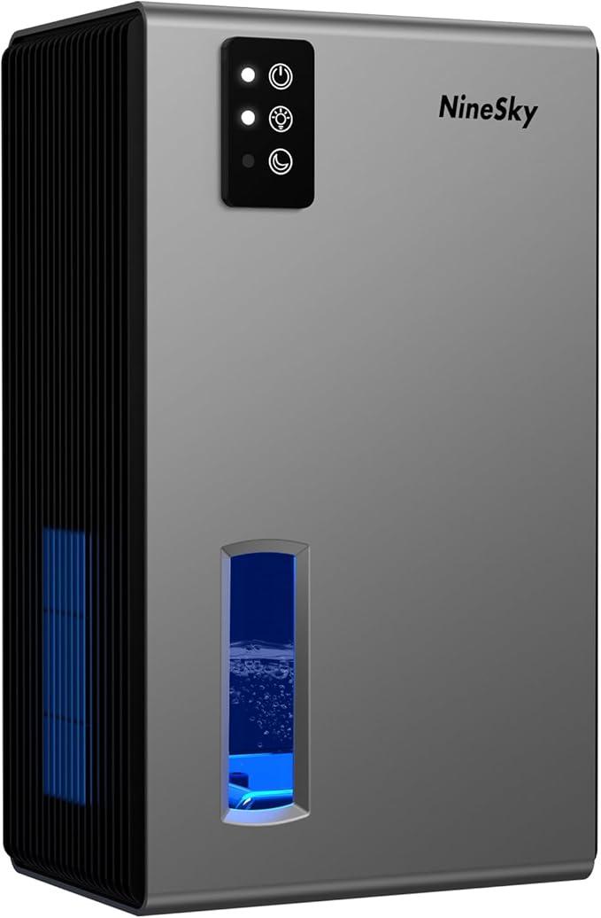 NineSky Dehumidifier,98 OZ Dehumidifiers for Home,(1100 sq.ft) Dehumidifiers for Basement Bathroom Bedroom with Auto Shut Off, Switchable 7 Colors Light(Gray)