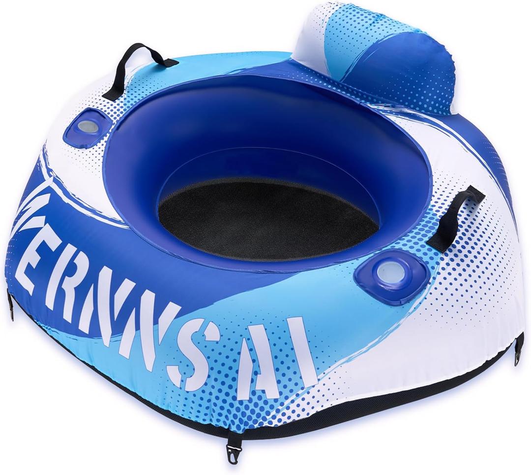 WERNNSAI 52" Heavy Duty River Tube with Canvas Cover Large Pool Floats Adults Hexagon Inflatable Water Tubes Tubing River Raft Lounge Chair with Cup Holders Backrest Grab Handles