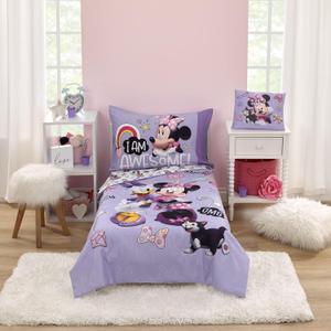 Disney Minnie Mouse I am Awesome Lavender, Pink, and White with BFF Daisy Duck, and Figaro The Cat 4 Piece Toddler Bed Set - Comforter, Fitted Bottom Sheet, Flat Top Sheet, and Reversible Pillowcase