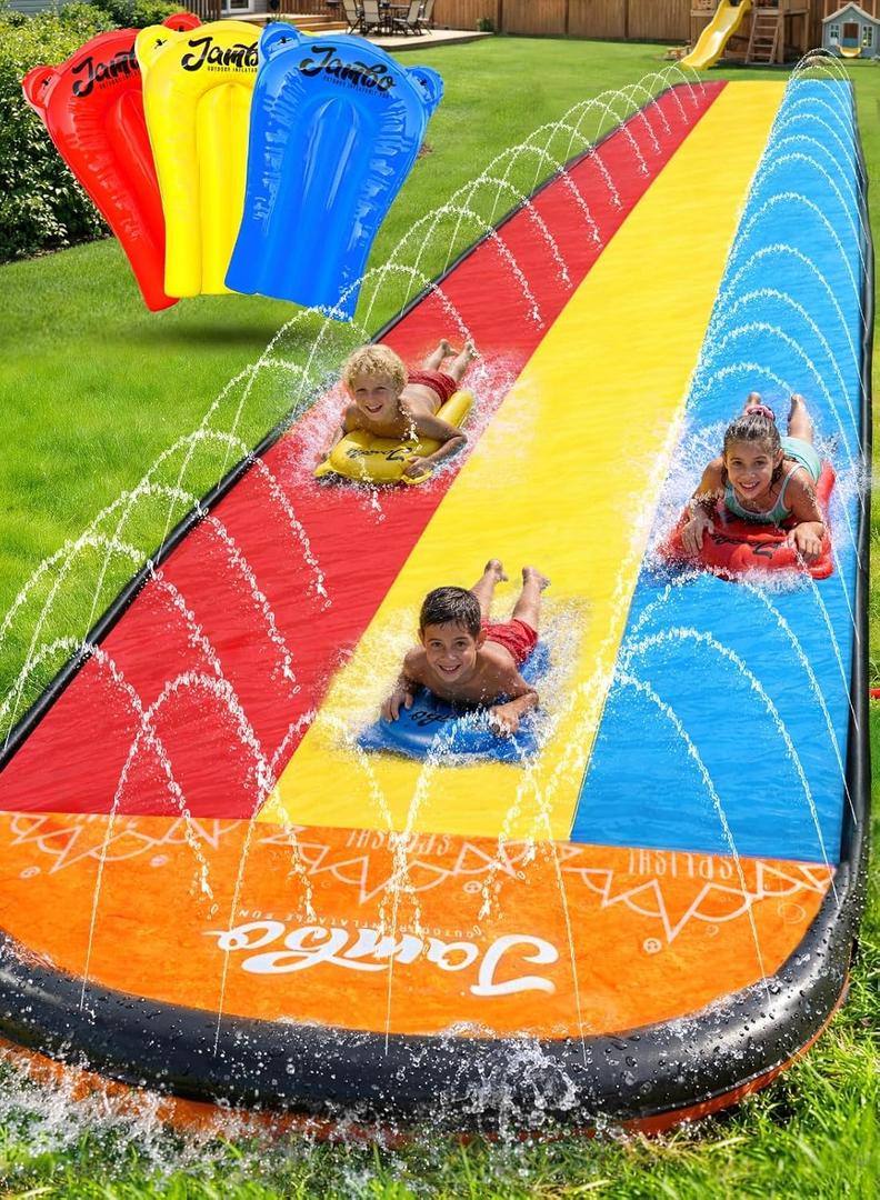 JAMBO 25Ft Premium XXL Slip Splash and Slide with 3 Bodyboards, Heavy Duty Water Slide- Advanced 3-Way Sprinkler System, Splash Mat Splash Pad Backyard Waterslide Outdoor Water Toys n Slides for Kids