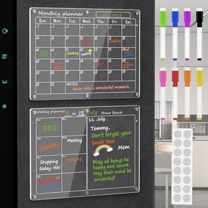 Magnetic Acrylic Calendar for Fridge,2 Pack 11"x15" Clear Fridge Calendar Dry Erase Magnetic Planning Boards Set for Refrigerator with 6 Colorful Highlight Markers