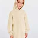 Haloumoning Girls Hoodie Dress Long Sleeve Hooded Sweatshirts Dress Cute Fall Outfits with Pockets 5-14 Years Beige