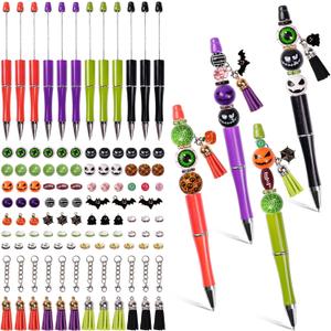 12 Pcs Halloween Beadable Pens, DIY Crafting Pens with Colorful Beads Tassel Halloween Hangup for Kids Adults School Office Gifts Supplies