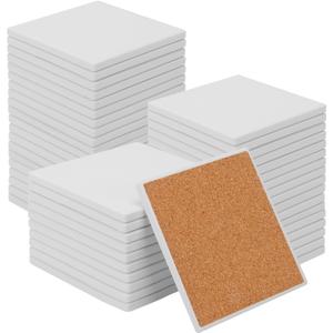 48 PCS Square Blank Ceramic Coasters - 4 x 4 Inch Unglazed Ceramic Coasters with Cork Backing Pads, Artistic Tile Coasters for DIY, Mosaics, & Crafts