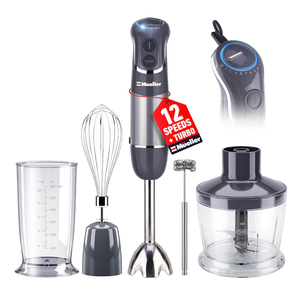 Mueller Multistick 5-in-1 Immersion Blender Handheld,12 Speed Hand Mixer-Turbo Boost,Heaviest Duty Copper Motor,Titanium reinforced Blades Hand Blender,Milk Frother Wand,Whisk,Beaker,Chopper,Grey