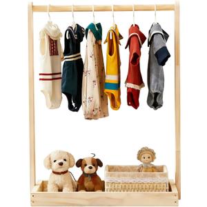 Baby Clothing Rack for Baby Shower, Pets Clothes Rack with Storage Box & Hanging Rod for Dogs Cats Dolls Clothes Display, Mini Baby Shower Crate Closet Rack (Natural)