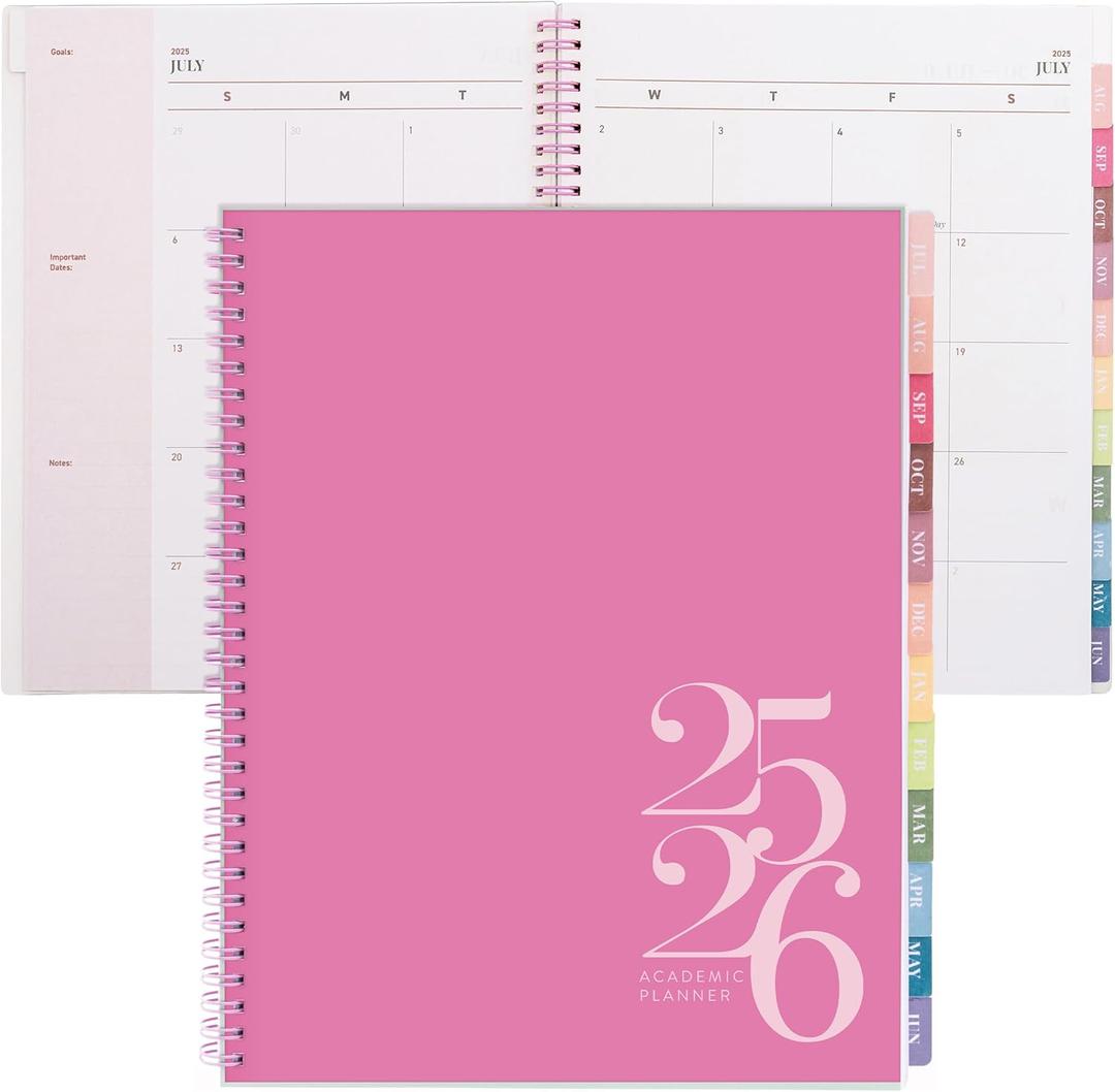 Rileys Academic Planner 2025-2026, Daily, Weekly & Monthly Planner, July 2025 - June 2026, Student Notes Pages, Twin-Wire Binding, Weekly Agenda for School & Work (8.5 x 11-Inches, Pink, Classic)