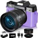 2024 Upgrade VJIANGER Digital Camera for Photography 4K 56MP Vlogging Camera for YouTube with WiFi, 180 Flip Screen, 16X Digital Zoom, 52mm Lens, 2 Batteries, 32GB Micro SD Card(Purple) (YL06-W01-1-Purple)