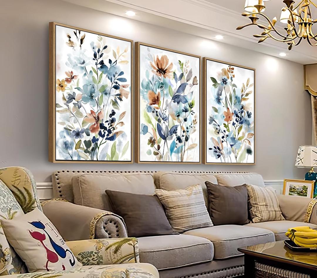 arteWOODS Flowers Framed Wall Art - Colorful Wildflower Canvas Pictures Wall Decor Botanical Painting Artwork Elegant Floral Prints for Living Room Bedroom Home Decor 36 x 24in * 3 Natural Wood Frame