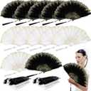 Barydat 12 Sets Marabou Feather Fan Bulk 20s Folding Fan Wedding Party Favor Lace Vintage Embroidered Flapper Costume Women Dancing Party (White, Black)