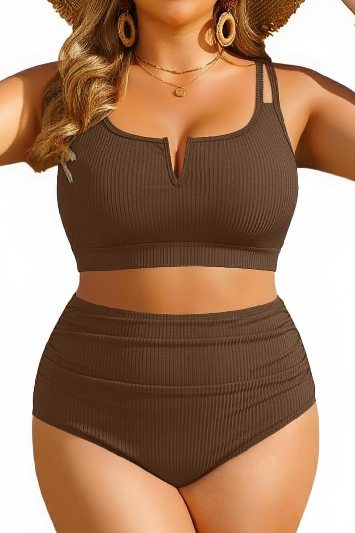 Yonique Women Plus Size High Waisted Bikini - Ribbed Two Piece Swimsuit Tummy Control Bathing Suit V-Wired 2026 Swimwear, 16 Plus