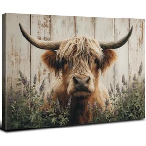Highland Cow Wall Art Farmhouse Longhorn Animal Picture Canvas for Bathroom Kitchen Western Nature Painting Country Cute Cattle Prints Vintage Cowboy Poster Artwork Living Room Home Decoration 12x16"