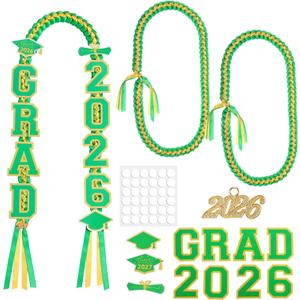 Yinkin Graduation Ribbon Leis Set Class of 2026 Handmade Double Braided Necklace Adjustable Includes Silk Leis Grad Cutouts 2026 Pendant for Graduation Party Accessories(Green,Gold)