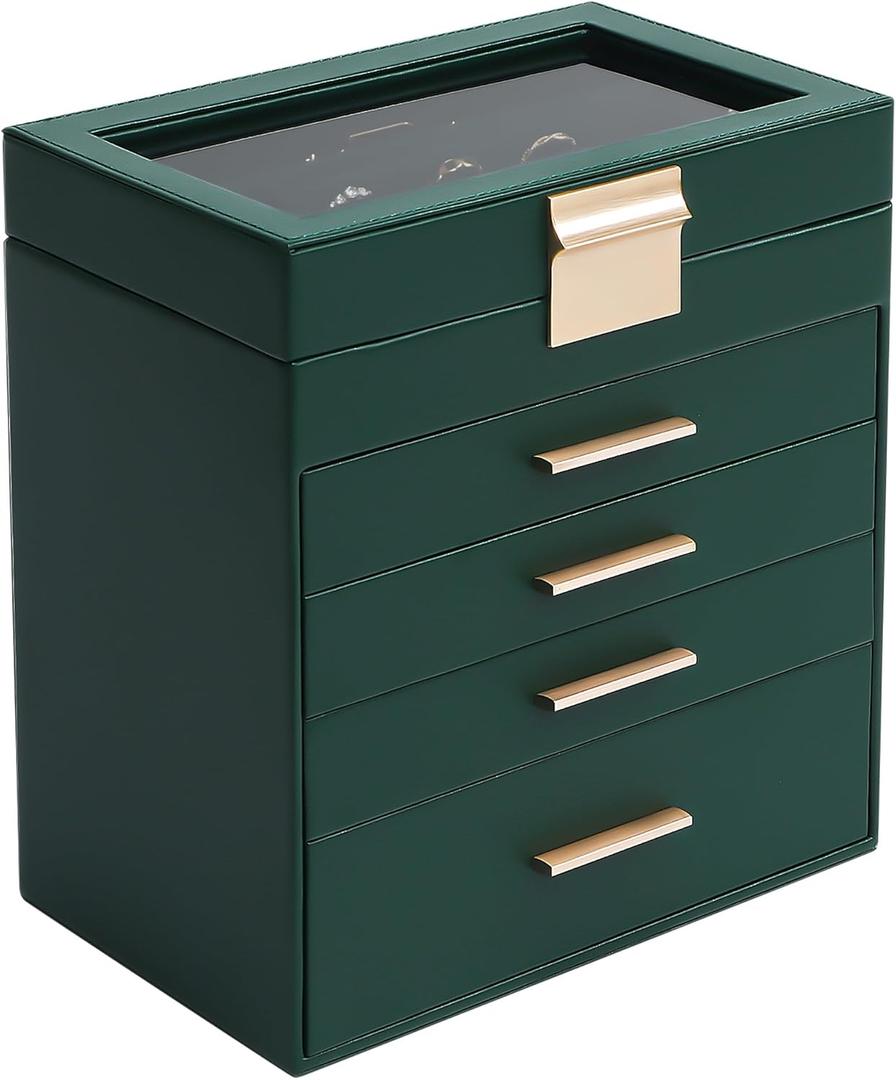 Somduy Jewelry Box, 5 Layers Jewelry Storage Display Box with Glass Lid for Women, 4 Drawers,Large Capacity for Necklace Earrings Bracelets Rings, Green