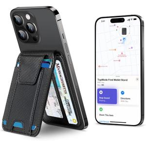 TopMade for Magsafe Wallet, Works with Apple Find My, Strongest Magnetic Wallet for iPhone 17/16/15/14/13/12 Series, Magnetic Card Holder with Adjustable Stand, 9 Cards Holder, Carbon Fiber Black