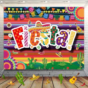 48x70 inch Fabric Mexican Party Backdrop Mexico Latin Fiesta Spanish Chili, Skulls Flowers Guitar Scene Background Cinco De Mayo Party Decoration Birthday Shoot Photo Studio Props