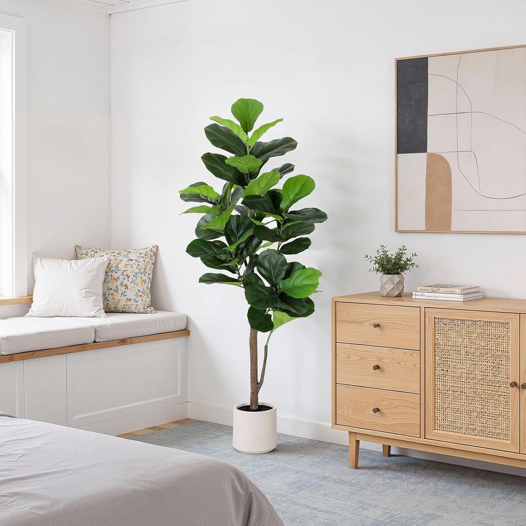 Artificial Fiddle Leaf Fig Tree 5FT with Planter Faux Trees Indoor Tall Artificial Tree, Stable Base, 58 Realistic Leaves, for Indoor/Outdoor Home Office Living Room Decor, Housewarming Gift