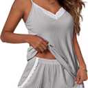 Ekouaer Womens Pajama Sets Soft Lingerie Sleepwear 2 Piece Cami Shorts Set V Neck Pj Lace Nightwear (Large, Grey)