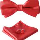 HOULIFE Bow Ties for Men Formal Satin Bowties Pre-tied Style Classic Tuxedo Bowtie Handkerchiefs Cufflinks Sets for Wedding (Red)