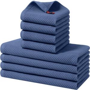 Kitinjoy 100% Cotton Kitchen Towels and Dishcloths Set, 8 Pack-13" x 28" and 12" x 12" Waffle Weave Dish Towels, Ultra Soft Absorbent Quick Drying Dish Rags, Navy Blue