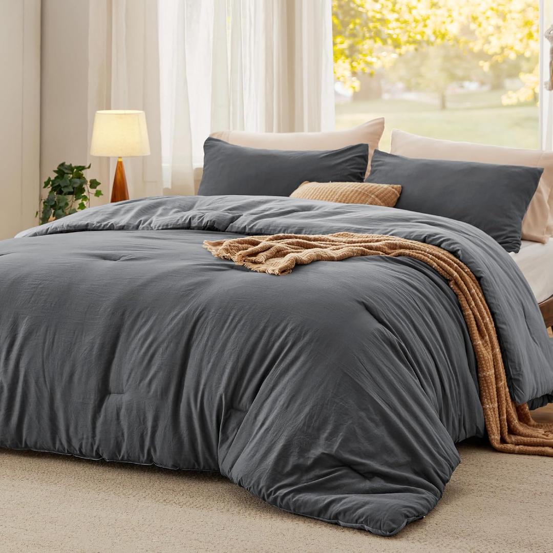 Bedsure California King Comforter Set, Reversible Grey Soft Prewashed Bedding for All Seasons, 3 Pieces Warm Down Alternative Bed Set, 1 Lightweight Comforter (104"x96") and 2 Pillowcases (20"x36") (06 - Dark Grey/Grey)