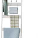 Blanket Ladder, 5-Tier Towel Holder with 4 Removable Hooks, Farmhouse Wall Leaning Decorative Rack Shelf, Wooden Towel Display Rack, Quilt Ladder for Living Room, Bedroom, White