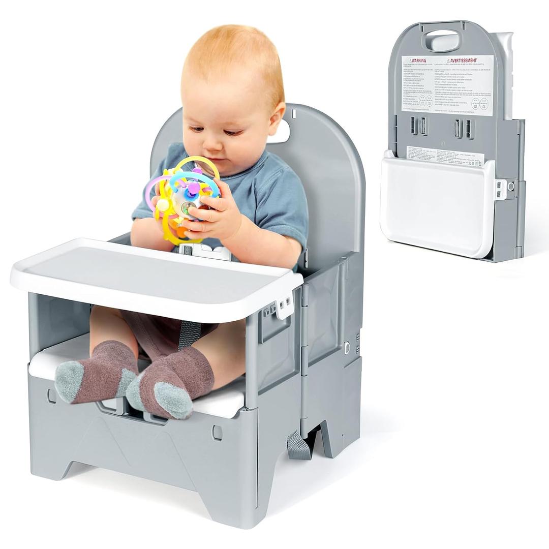 Orzbow Portable High Chair with Tray, Foldable Booster Seat for Travel Toddlers 6-36 Months, Baby Chair for Dining Table, Camping, Beach, Portable Booster Chair, Up to 33 lbs Baby, Grey (Grey - No Cushion)