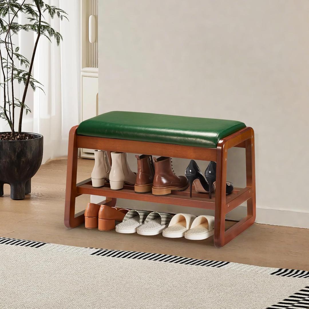 HABUTWAY Solid Wood Shoe Rack, Entryway Shoe Bench with Cushion, 2 Tier Shoes Organizer for Entryway, Hallway, Living Room-(Green,21.65"-S)