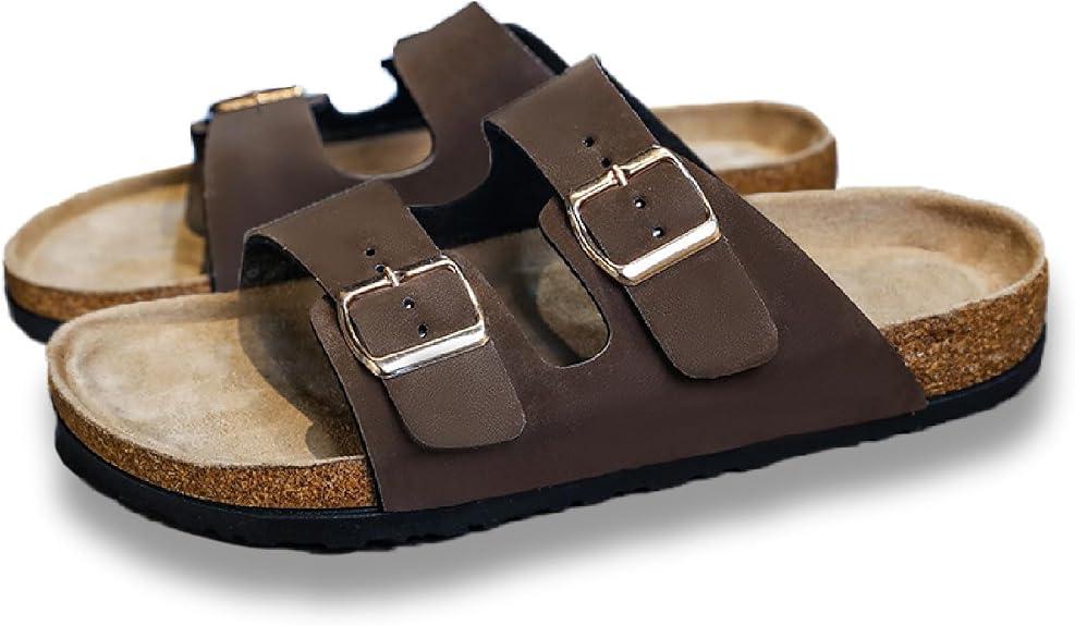 Mens Cork Footbed Sandals, Arch Support Slides with Adjustable Buckle Soft Cushioning, Lightweight Design, Walking Sandals for Travel and Everyday Wear, 45, Brown