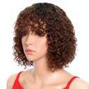 Spotlight Short Kinky Curly Wigs 10 inch Bob Loose Wave Human Hair Wigs for Women Brazilian Virgin Human Hair Wigs with Bangs 180% Density Natural Looking (Reddish Brown, TT1B/33)