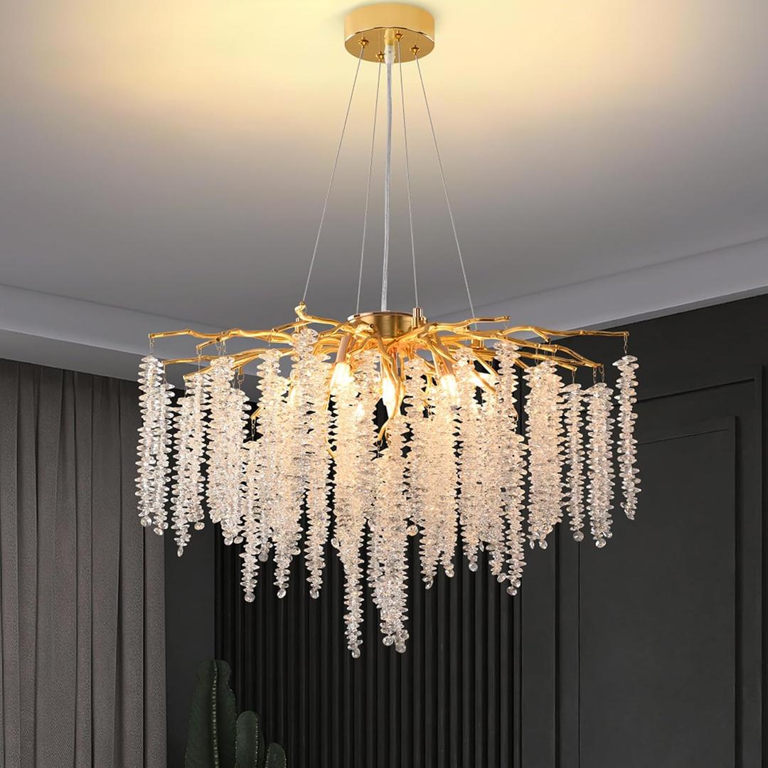 Crystal Tree Branches Chandeliers Gold Luxury Round Raindrop Pendant Light Fixture 9 Light Tassel Ceiling Hanging Light for Dining Room Bedroom Living Room Entryway 23.7", Round D23.7" Gold