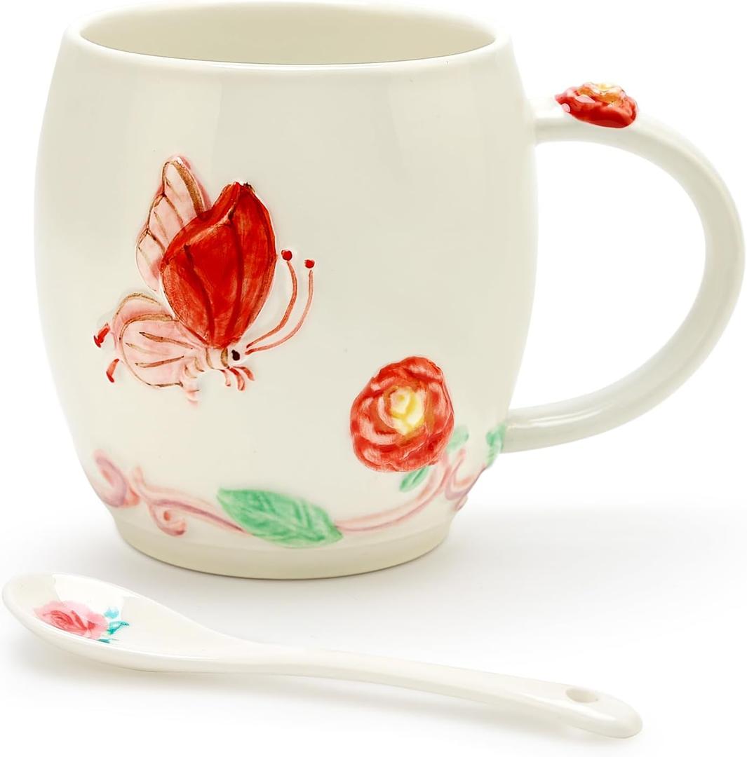 Cute Ceramic Coffee Mugs Gifts for Women Mom Grandma Mug Flower Tea Cup Set Butterfly Gift for Woman Ladies Her Valentine Birthday Mothers Day Unique Christmas Mug Gifts Cool Girly Fun Floral Teacup (Red)