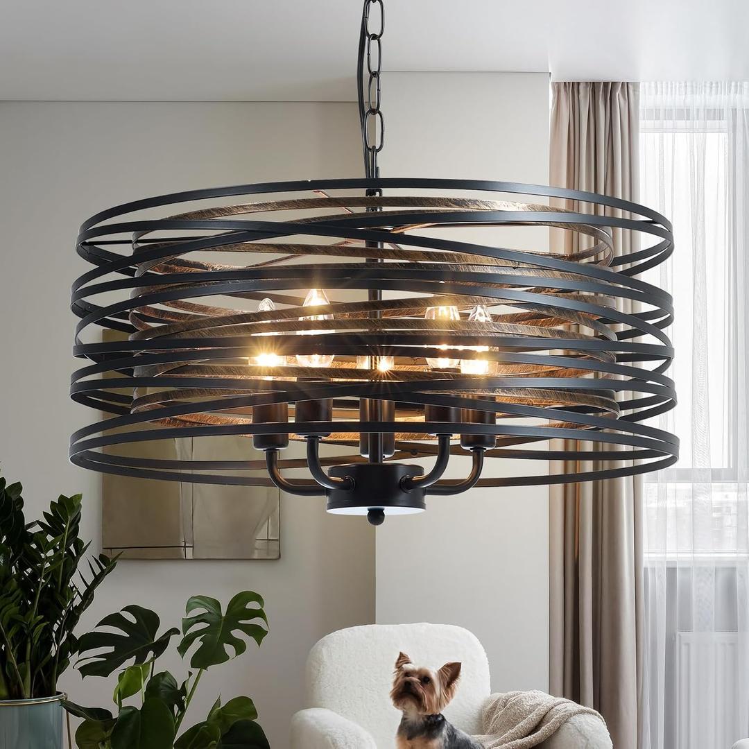 Black Farmhouse Chandelier 5 Lights 19.68" W Spiral Pendant Light Fixture Vintage Ceiling Hanging Light Industrial Metal Drum Chandeliers for Dining Room Kitchen Island Foyer Living Room