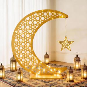 26 x 24 inch Ramadan Crescent Moon Decor, Eid Crafts Light Ramadan Moon Lamp Table Decor with LED Star Eid Ornament Gift for Home, Table, Party Mubarak Eid Decor