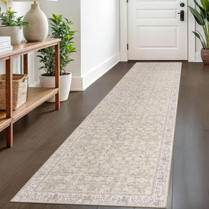2x8 Washable Runner Rug for Hallways, Cream Beige White Grey Soft Classic Kitchen Rugs with Non-Slip, Non-Shedding Distressed Floral Rug for Hallways Entryway Bedroom Bathroom Laundry Indoor