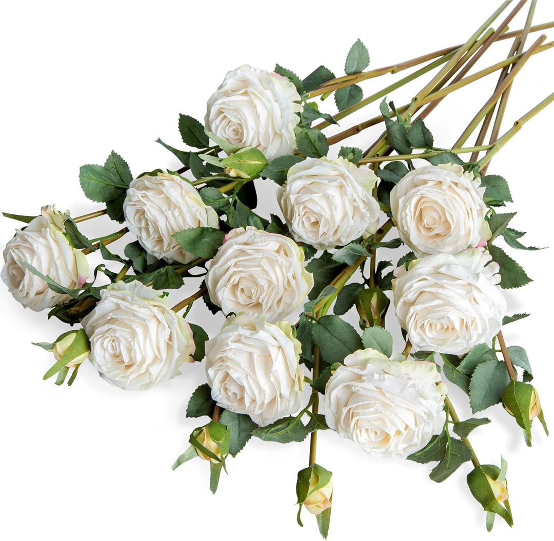 XONOR Artificial Rose Flowers Realistic Silk Burnt Edge Vintage Rose with Long Stem for Home Bridal Wedding Party Floral Bouquets Decoration (10Pcs, White)